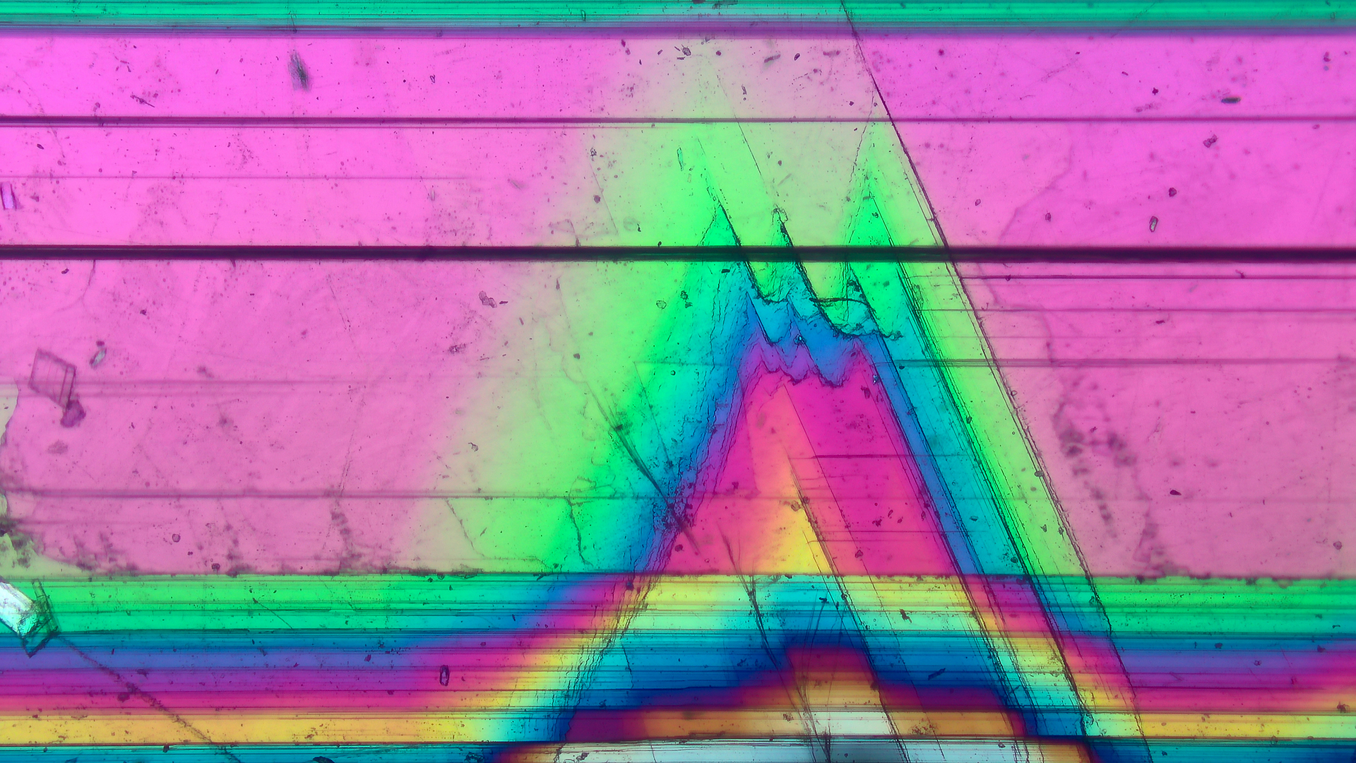 eine geschliffene Scheibe eines Minerals, die in Spektralfarben leuchtet